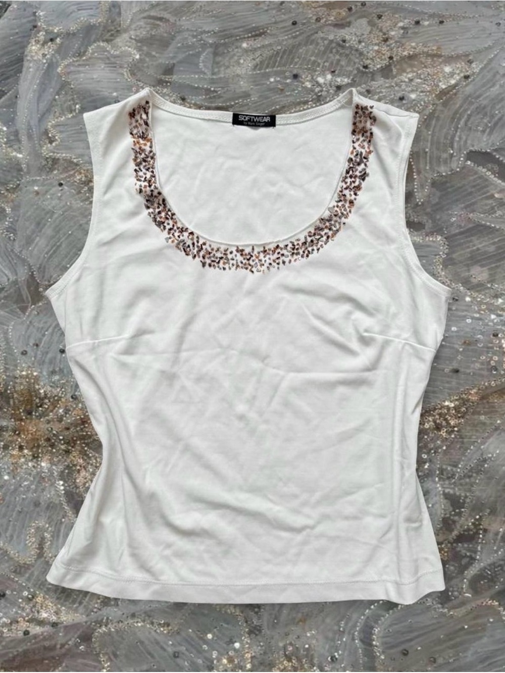 Vintage White Embellished Top Soft Wear By Mark Singer Soft Preppy Beautiful